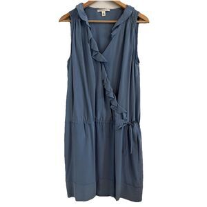 Banana Republic Sz 10 Blue Silk Mini Dress Wrap Front Ruffle Trim Tank Brunch